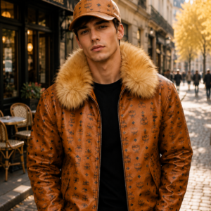Luxury Fur Collar Bomber Jacket with Matching Cap | Men's Winter Leather Jacket | Designer Inspired Brown Monogram Coat | Streetwear Gift for Him