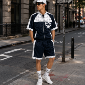 Men's Designer Inspired Tracksuit Set with Cap | Navy Blue & White Matching Outfit | Luxury Streetwear Summer Set