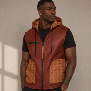Designer Inspired Brown Leather Hooded Vest | Luxury Monogram Sleeveless Jacket | Men’s Streetwear Zip Up Hoodie Vest