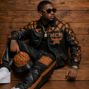 MCM Inspired Leather Tracksuit Set for Men | Black & Brown Leather Jacket, Matching Pants & Bucket Cap | Luxury Streetwear Outfit