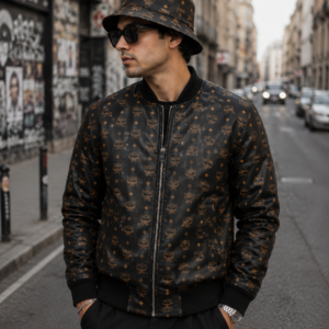 Luxury Monogram Bomber Jacket with Matching Bucket Hat | Men's Designer Inspired Streetwear Set | Black Brown Fashion Outfit